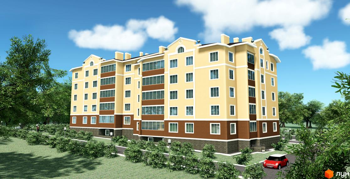 Житловий комплекс на вул. Новооскольська, 8б: багатоповерховий будинок світло-жовтого кольору з коричневими елементами, оточений зеленню.