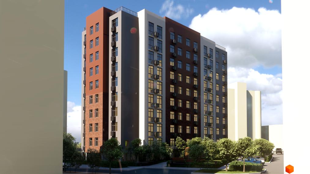 Зовнішній вигляд новобудови ЖК Теплий дім Plus з цегляним фасадом та кондиціонерами на вікнах. Навколо будинку зелені дерева та доглянута прибудинкова територія.