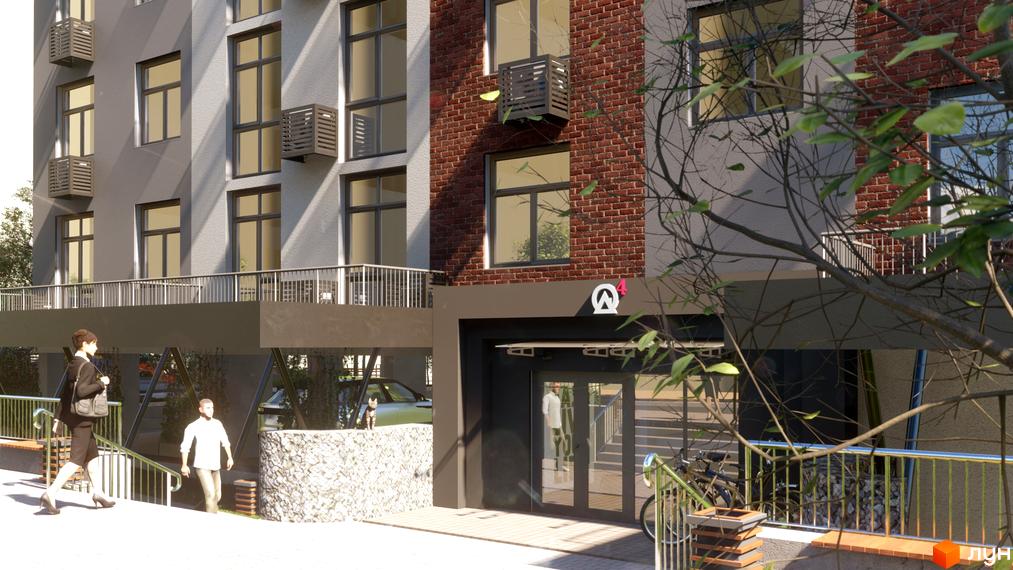 Фасад житлового комплексу Теплий дім Plus з цегляними та сірими елементами, вхідна група та прибудинкова територія з людьми та деревами.