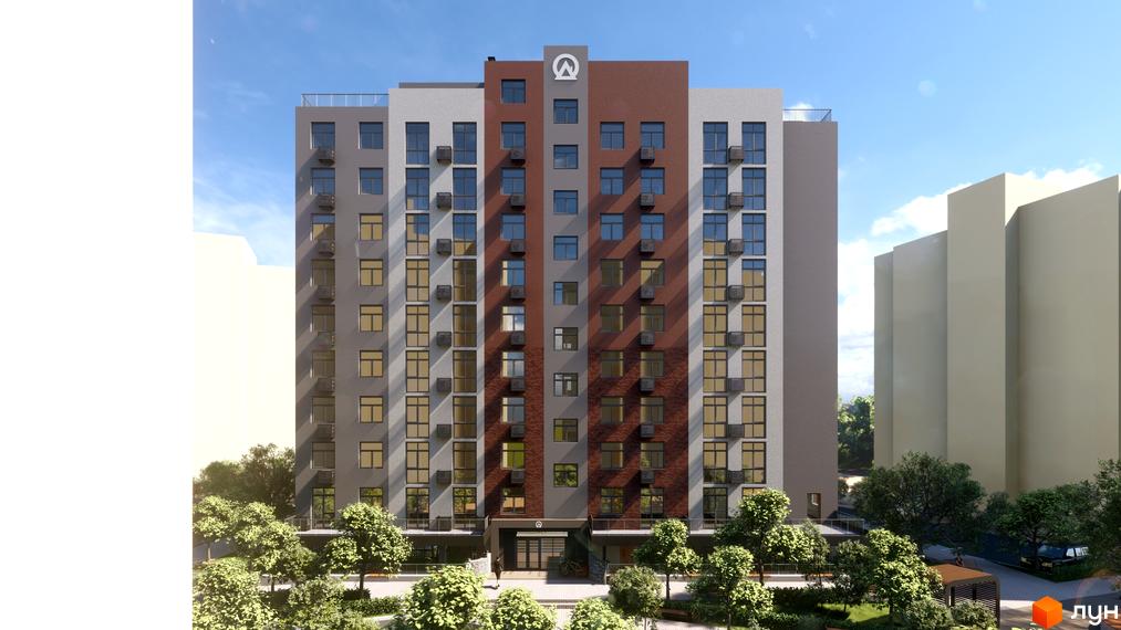 Зовнішній вигляд будинку ЖК Теплий дім Plus з цегляними та сірими фасадами, вікнами та кондиціонерами. Прибудинкова територія з деревами та ландшафтним дизайном.