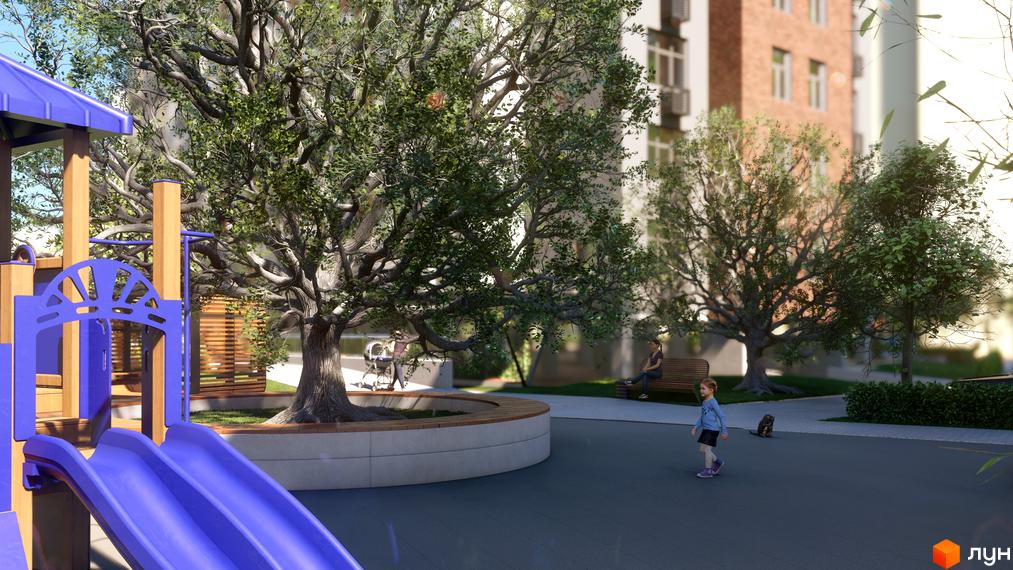 Зовнішній вигляд житлового комплексу Теплий дім Plus з дитячим майданчиком та деревами. Територія комплексу облаштована для відпочинку мешканців.