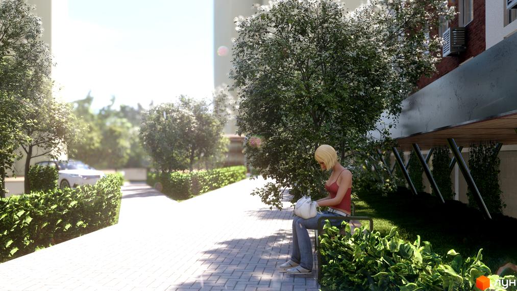 Житловий комплекс Теплий дім Plus: дівчина сидить на лавці біля будинку, доріжка з бруківки та зелені насадження навколо.