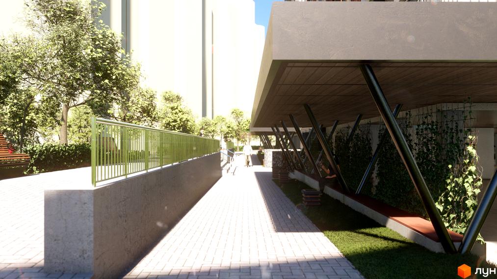 Теплий дім Plus: сучасна архітектура та зелена прибудинкова територія з лавками та алеєю для прогулянок.