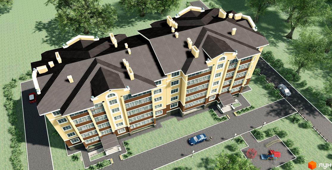 Житловий комплекс на Новооскольській, 8б: багатоповерховий будинок з жовтим фасадом та темним дахом, оточений зеленню та дитячим майданчиком.