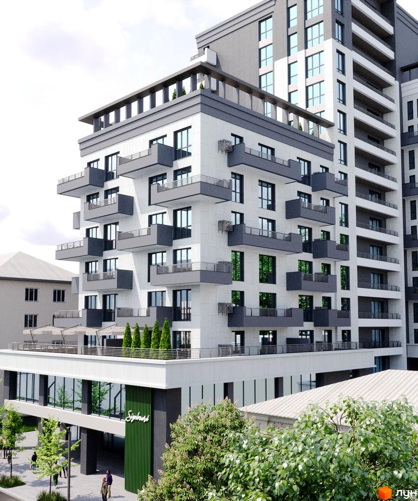 Багатоповерховий будинок ЖК Boulevard з балконами та панорамними вікнами. На території будинку є зелені насадження та зона відпочинку.