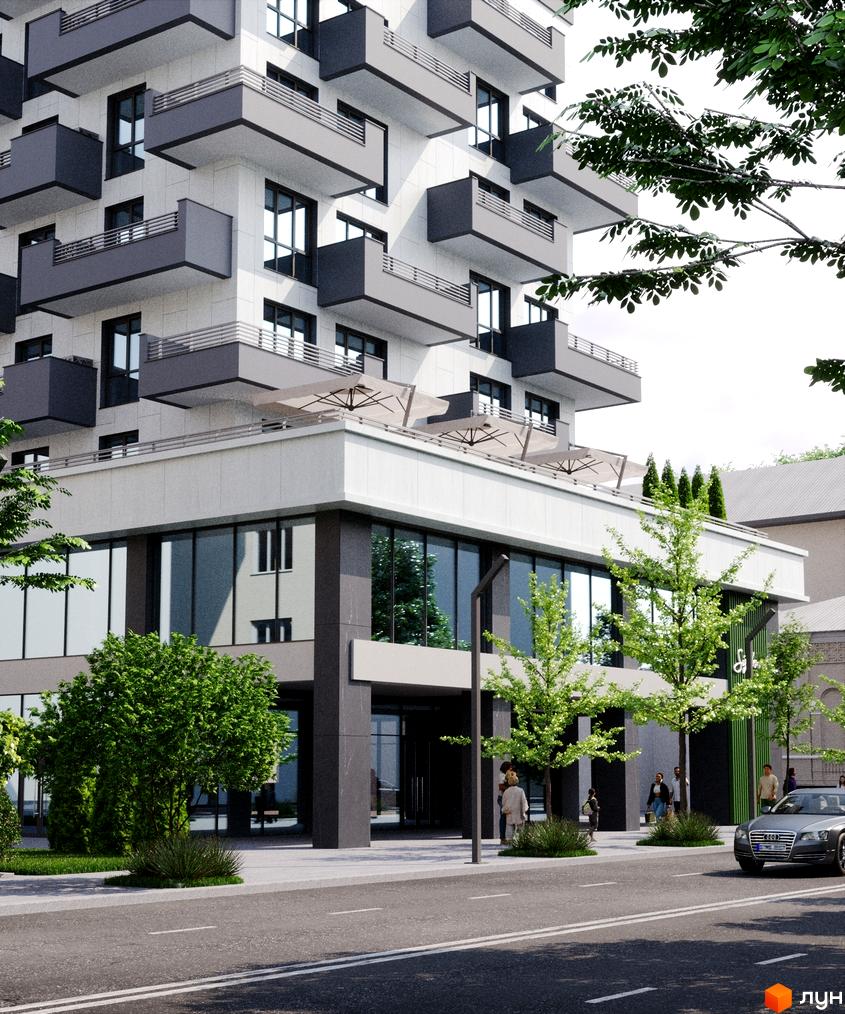 Багатоповерховий будинок Житлового комплексу Бульвар з білим фасадом та темними балконами. Навколо зелені насадження, пішохідна зона та дорога з автомобілем.