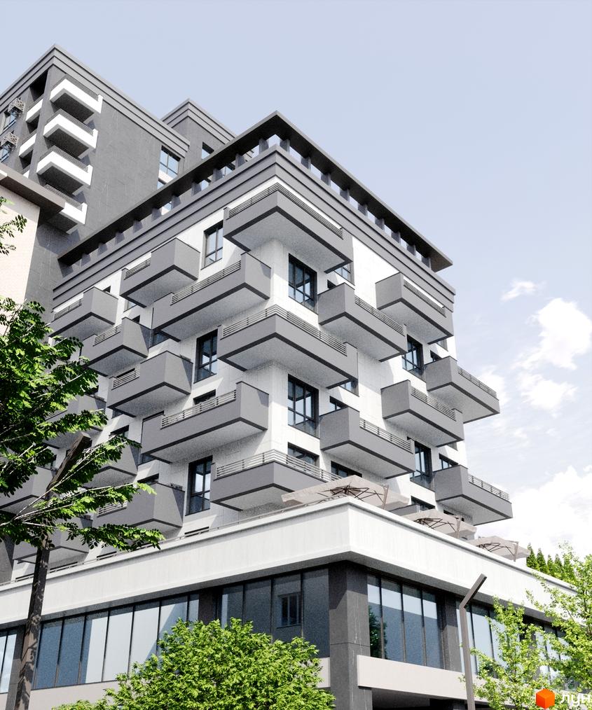 Фасад Житлового комплексу Бульвар з сіро-білими панелями та виступаючими балконами. Навколо будівлі ростуть зелені дерева.