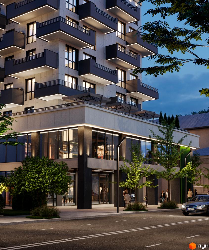 Висотна будівля ЖК Бульвар з панорамними вікнами та балконами. На прибудинковій території висаджені дерева та кущі, є тротуар та дорога.