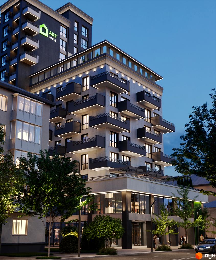 Житловий комплекс Бульвар: багатоповерховий будинок з фасадом, що підсвічується, та балконами з лінійним освітленням. Навколо зелені дерева та пішохідна зона.