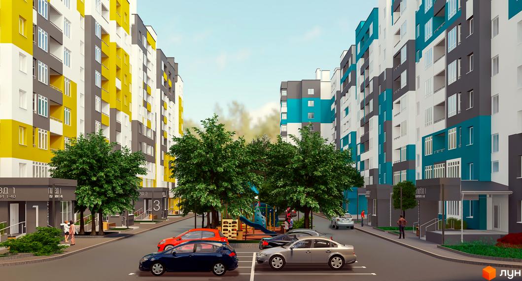 Житловий комплекс Caramel Residence з яскравими фасадами жовтого, сірого та білого кольорів. На прибудинковій території розташовані дерева та дитячий майданчик.