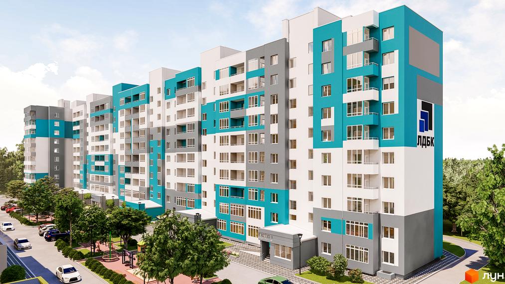 Житловий комплекс Caramel Residence: багатоповерховий будинок з біло-сірими та бірюзовими фасадами, балконами та панорамними вікнами. Поруч розташовані дерева, дитячий майданчик та парковка з автомобілями.