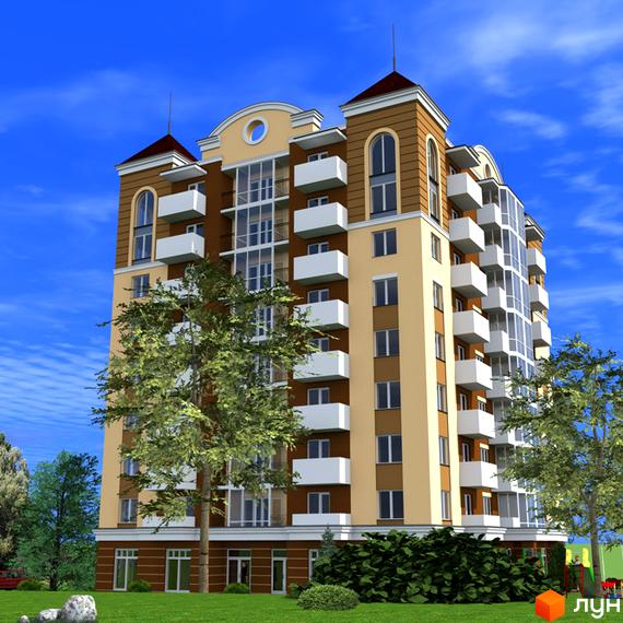 Житловий комплекс Комфорт Хаус - це багатоповерхова новобудова з коричнево-бежевим фасадом, численними балконами та скляними елементами. Навколо будівлі зелені дерева та доглянутий газон.