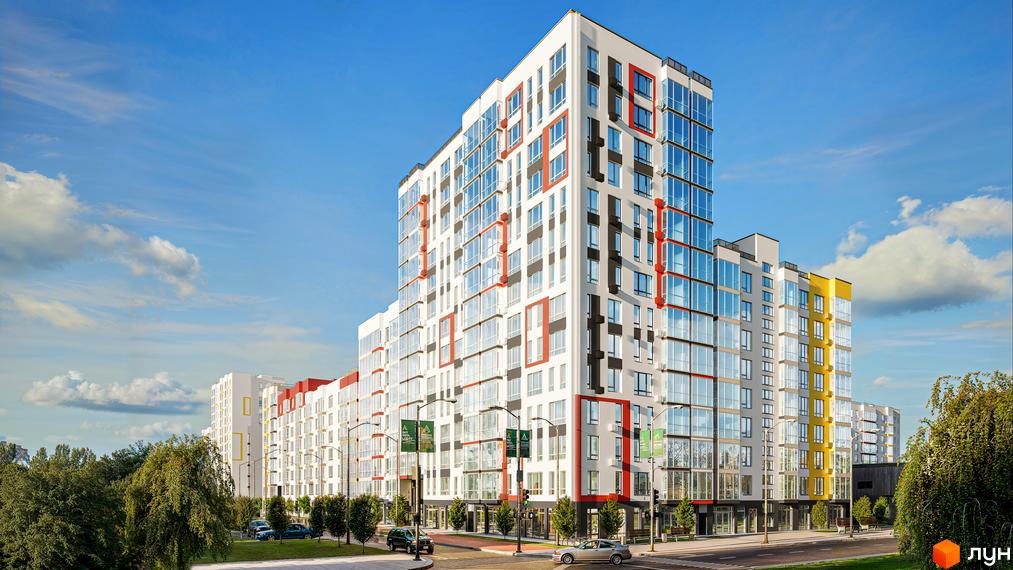 Житловий комплекс New Tone – це сучасна новобудова з яскравим фасадом та великими вікнами. Територія навколо будинку озеленена деревами та облаштована місцями для відпочинку.