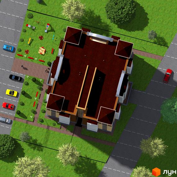 Житловий комплекс Комфорт Хаус з червоним дахом та прибудинковою територією з дитячим майданчиком та парковкою. Візуалізація житлового комплексу.