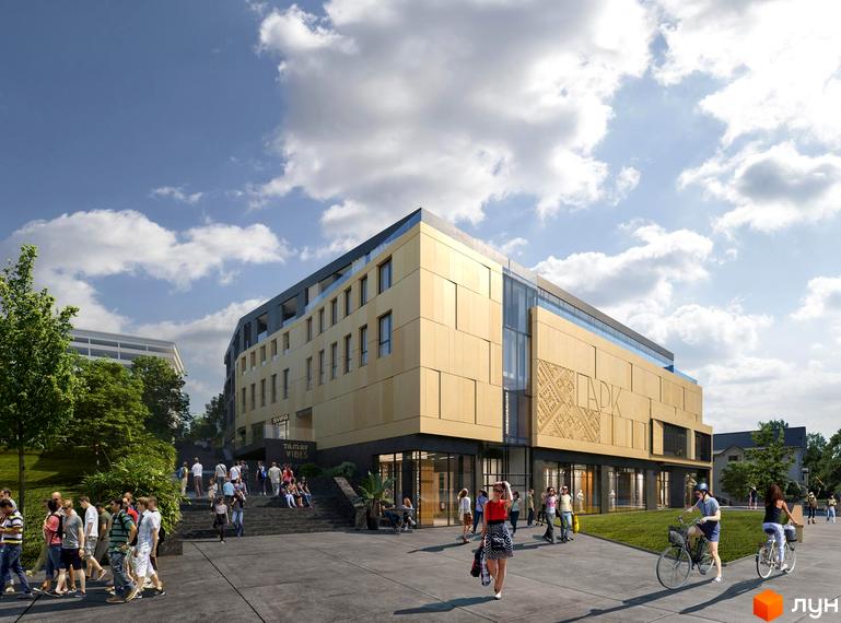 Житловий комплекс з фасадом кольору золота з великими вікнами. На передньому плані люди гуляють по території з зеленими газонами та велосипедними доріжками.