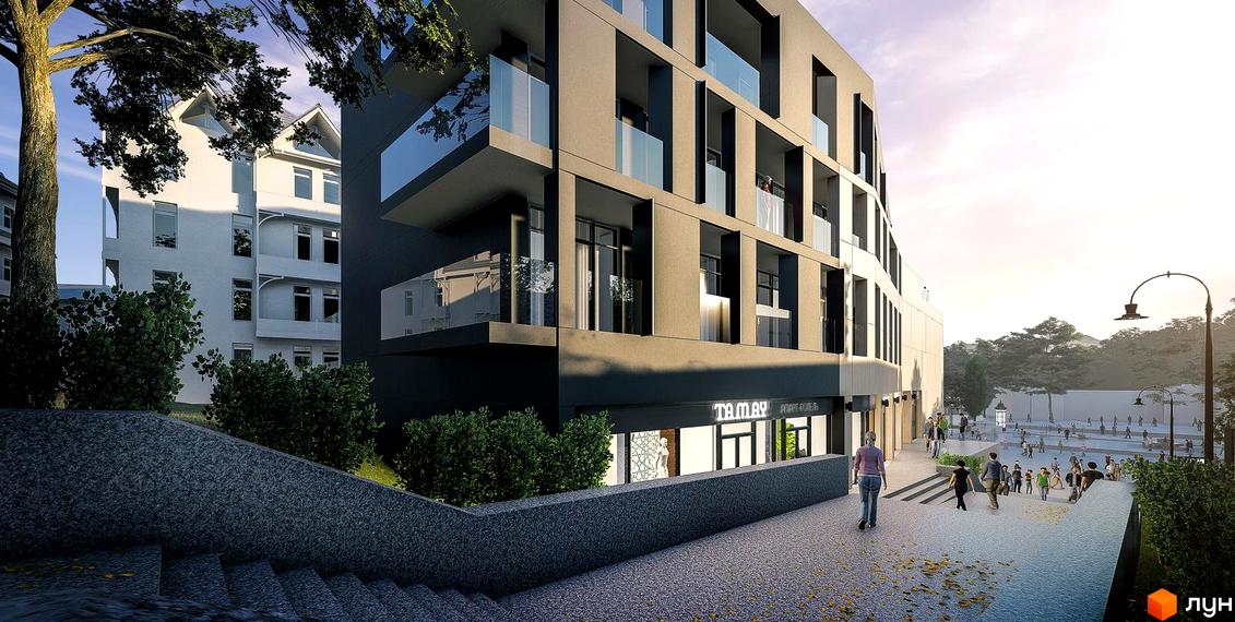 Зображення житлового комплексу з фасадом сірого кольору, скляними балконами та комерційними приміщеннями на першому поверсі. На території комплексу є пішохідна зона з людьми.
