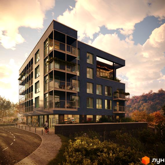 Новобудова ЖК ПІД ЗОРЯМИ з балконами та великими вікнами, поруч дорога та зелена зона.