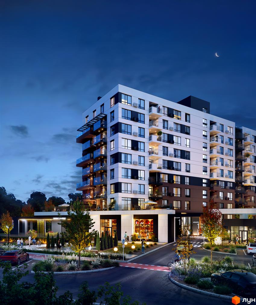 Житловий комплекс FORREST: багатоповерховий будинок з білим та темним фасадом, балконами. Територія з освітленням та зеленими насадженнями ввечері.