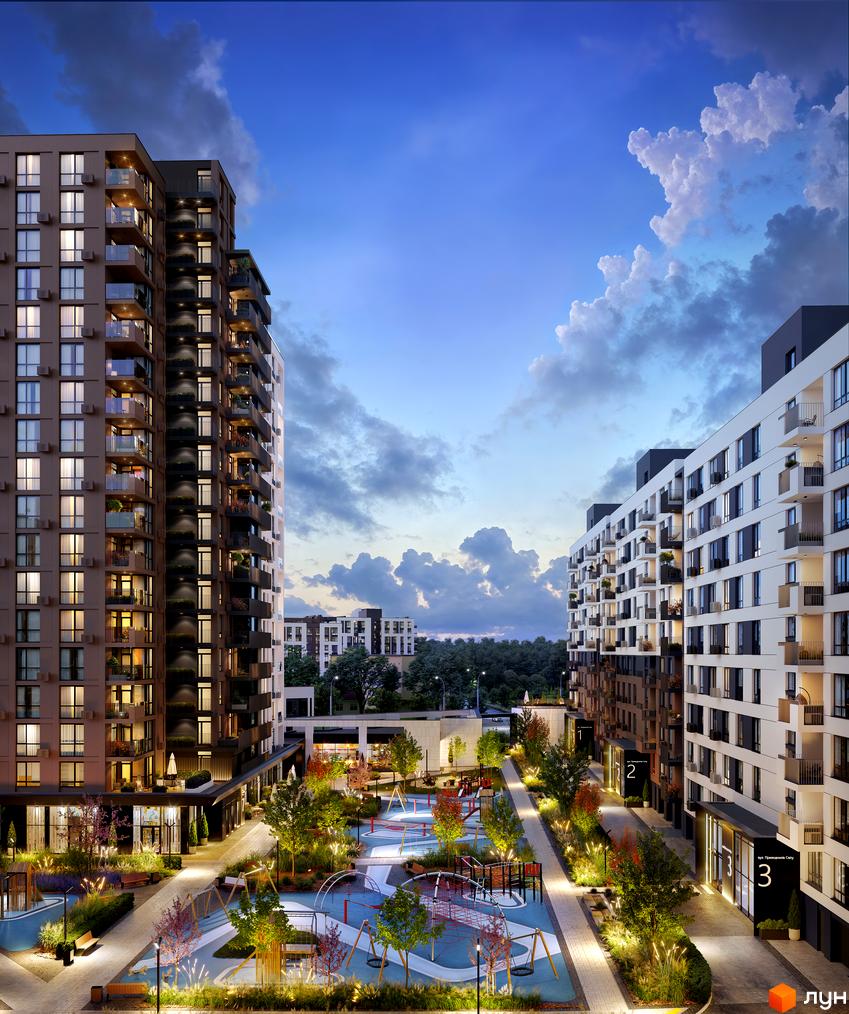 Житловий комплекс FORREST: багатоповерхові будинки з балконами. Внутрішній двір з дитячим майданчиком та зеленими насадженнями.