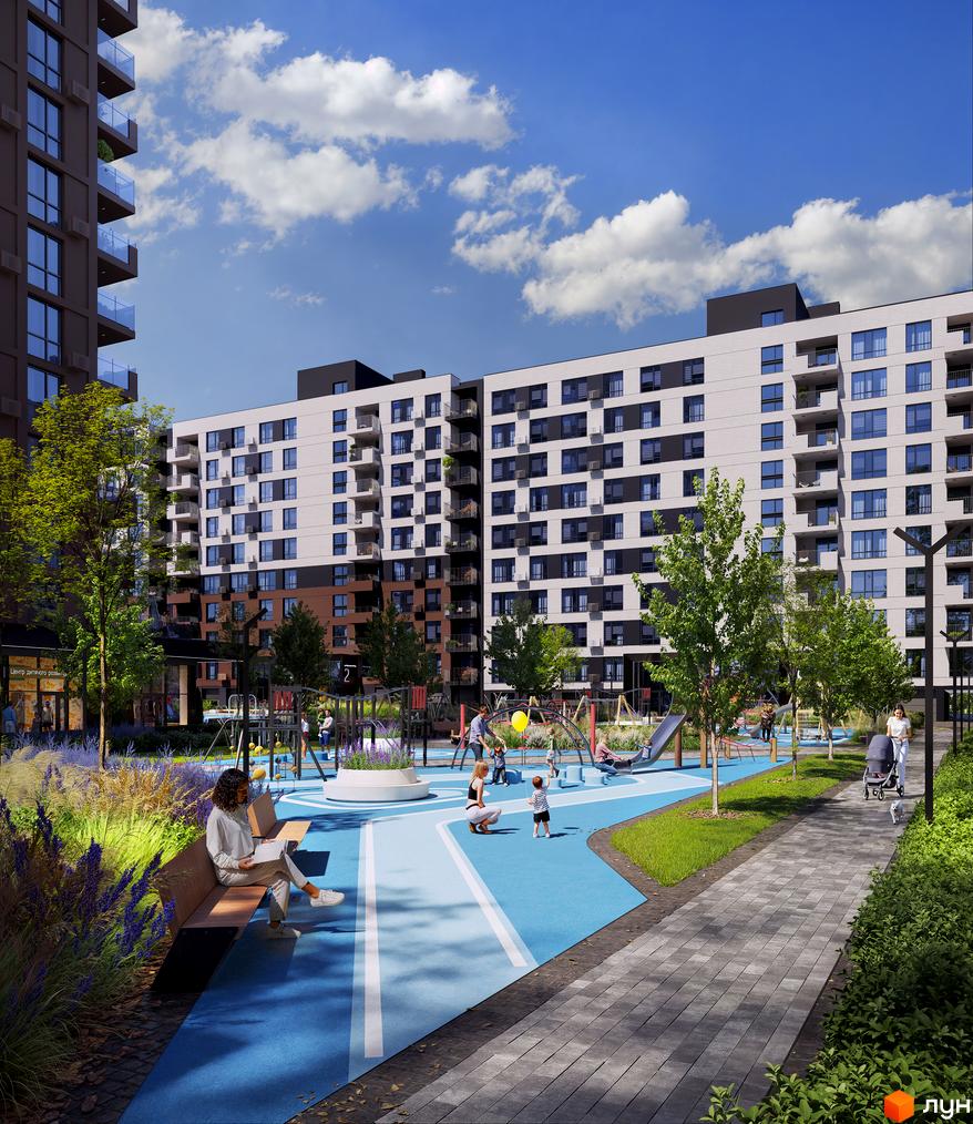 Житловий комплекс FORREST: багатоповерхові будинки світлих та темних відтінків, оточені зеленими насадженнями та великим дитячим майданчиком з синім покриттям.