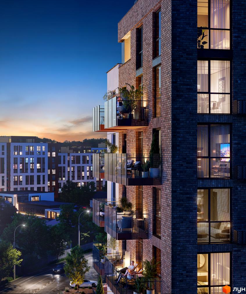 Висотна будівля ЖК FORREST з цегляними фасадами та панорамними вікнами. На балконах облаштовані зони відпочинку з рослинами, поруч розташовані інші будівлі та зелені насадження.
