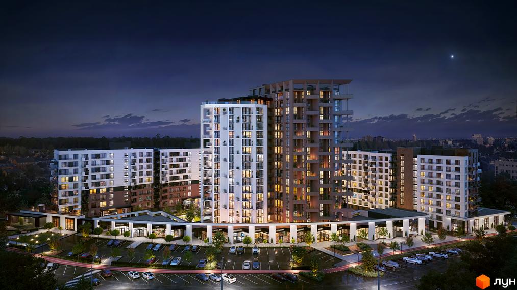 Житловий комплекс FORREST: багатоповерхові будинки з освітленими вікнами ввечері. Прибудинкова територія має комерційні приміщення та паркінг.