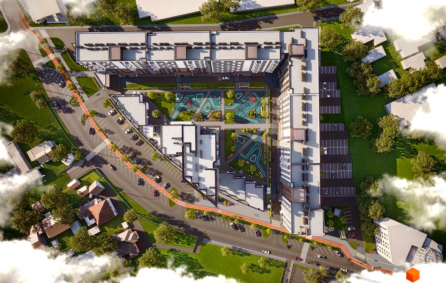 Житловий комплекс FORREST включає багатоповерхові будинки світлого кольору, з внутрішнім двором, зеленими зонами, дитячими майданчиками та парковками.