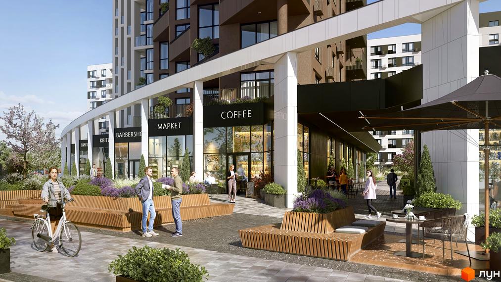 Багаторівневий будинок Житлового комплексу FORREST з комерційними приміщеннями. Прибудинкова територія має лавки, зелені насадження та кафе.