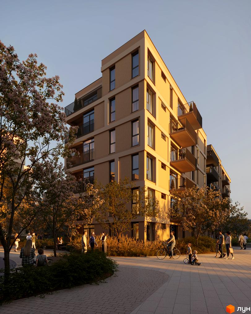 Житловий комплекс Avalon Magnolia з фасадом світло-бежевого кольору та балконами. Навколо комплексу зелена зона з деревами та людьми, що відпочивають.