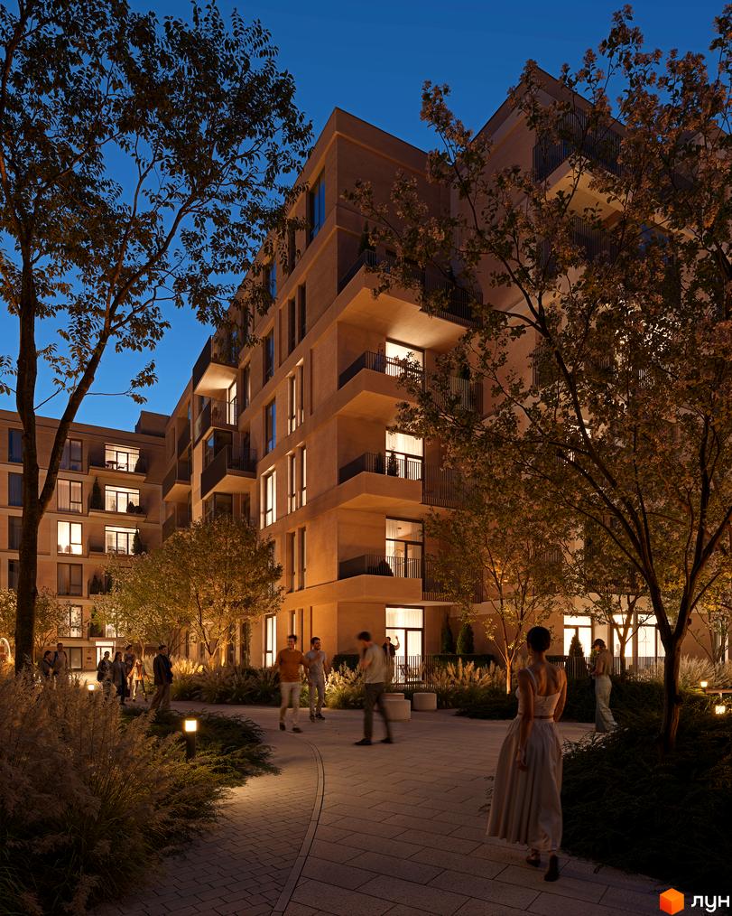 Житловий комплекс Avalon Magnolia з багатоповерховими будинками світлого кольору, балконами та освітленими вікнами. Навколо доріжки, дерева та люди.