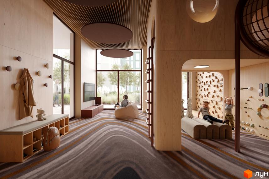 Інтер'єр дитячої ігрової зони в Житловому комплексі Avalon Magnolia з дерев'яними елементами, скеледромом та панорамними вікнами на озеленення.
