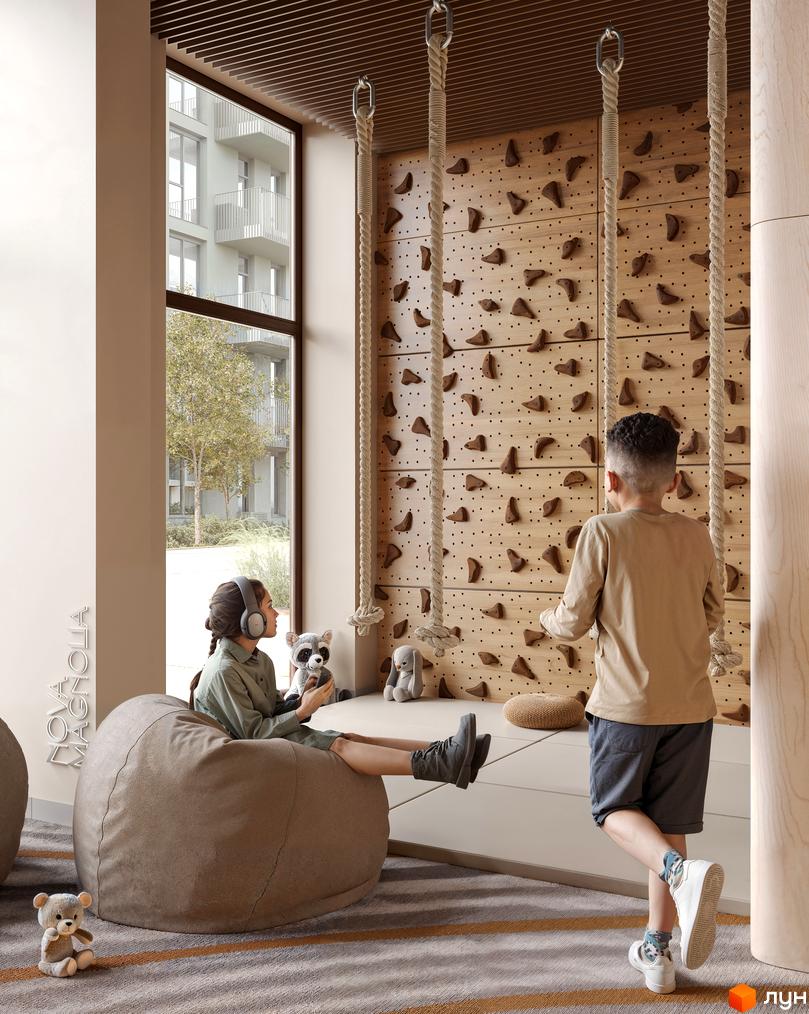 Дитяча кімната в ЖК Avalon Magnolia з ігровою стіною для скелелазіння та зоною відпочинку. Сучасний дизайн інтер'єру для дітей.