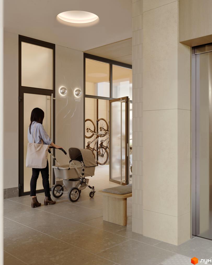 Вестибюль Житлового комплексу Avalon Magnolia: просторий інтер'єр зі світлими стінами, місцем для зберігання велосипедів та зручною зоною очікування.