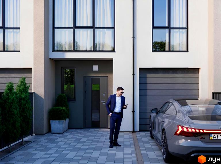 Таунхауси WEST TOWN XIII: двоповерховий будинок зі світлим фасадом, великими вікнами та темними дверима. На подвір'ї бруківка та припаркований автомобіль.