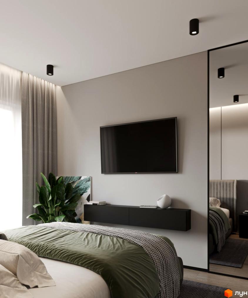 Сучасний інтер'єр спальні з телевізором на стіні та великим вікном з сірими шторами в житловому комплексі КМ VIVA-CHERNIVTSI.