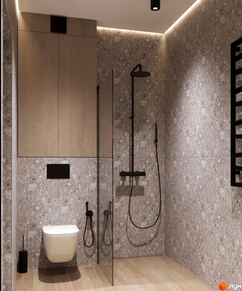 Дизайн ванної кімнати в новобудові КМ VIVA-CHERNIVTSI з душовою кабіною, підвісним унітазом та сірим керамогранітом.