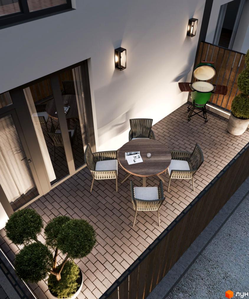 КМ VIVA-CHERNIVTSI: балкон з обіднім столом та кріслами, зелений гриль та рослини. Сучасна новобудова з зоною відпочинку на відкритому повітрі.