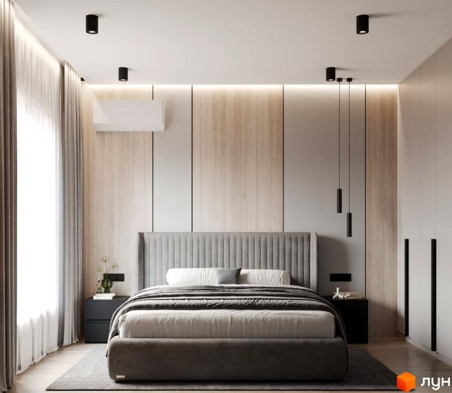 Спальня в житловому комплексі КМ VIVA-CHERNIVTSI з ліжком, тумбами та шторами. Сучасне оздоблення стін та стелі.