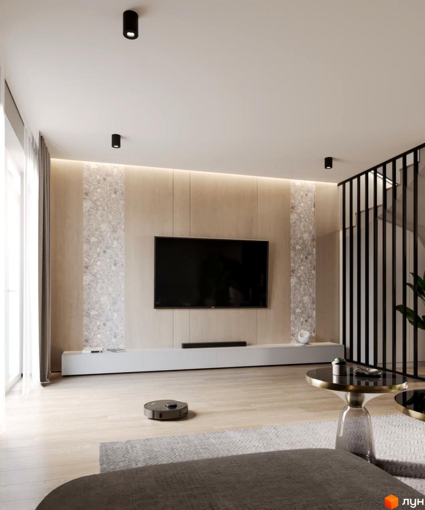 Вітальня з телевізором на стіні та кавовими столиками. Сучасний дизайн інтер'єру вітальні.