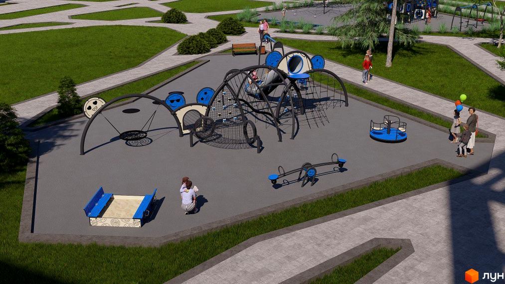 Дитячий майданчик у дворі житлового комплексу Vlasna (Time Development): гірки, гойдалки, пісочниця, карусель та зелені насадження.