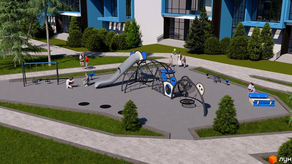 Житловий комплекс Vlasna з дитячим майданчиком та зоною відпочинку. Архітектура з використанням блакитних фасадів, великі вікна та доглянута прибудинкова територія.