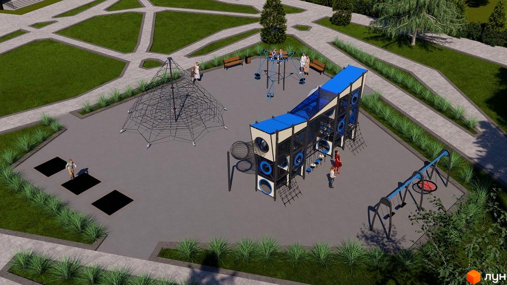 Дитячий майданчик у дворі ЖК Vlasna. На території є гірки, гойдалки та сітчасті конструкції для ігор дітей, поруч зелені насадження та доріжки.