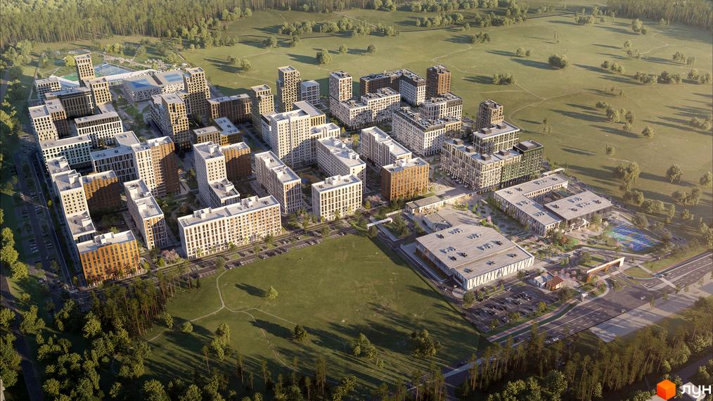 Вид зверху на ЖК PARK ROYAL з висотними будинками з білими фасадами та доглянутою прибудинковою територією, включаючи зелені зони та спортивні майданчики.