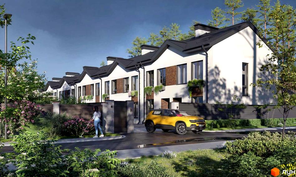 Зображення сторінки житлового комплексу. Білі будинки з чорними дахами, коричневими вставками та зеленими насадженнями. На території є жовтий автомобіль та жінка.