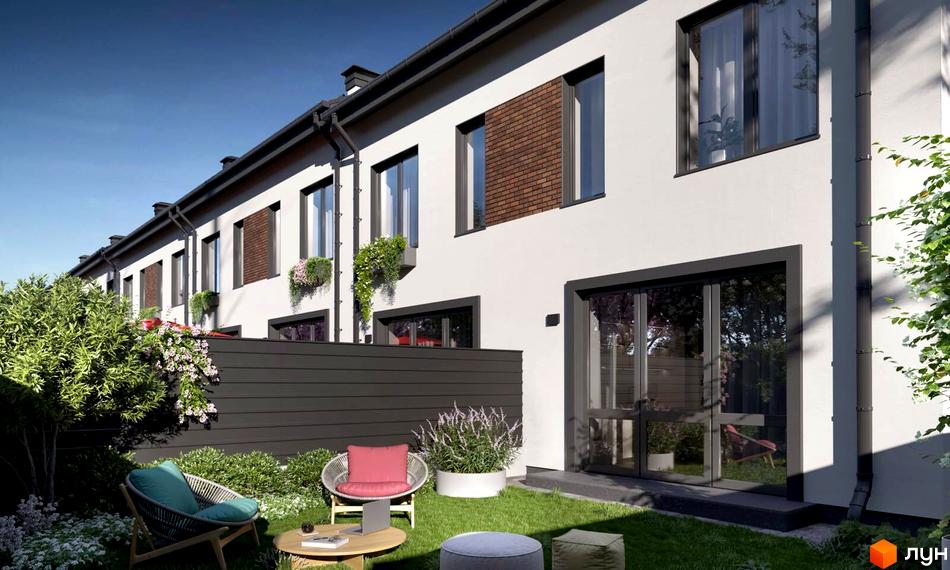 Таунхауси F9: Білі таунхауси з темними вікнами та цегляними елементами. Перед будинками зелений газон з садовими кріслами та квітучими кущами.