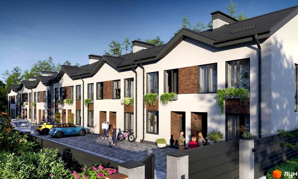 Ряд таунхаусів Таунхауси F9 з білими фасадами та темними дахами. Прибудинкова територія з паркінгом та зеленими насадженнями.
