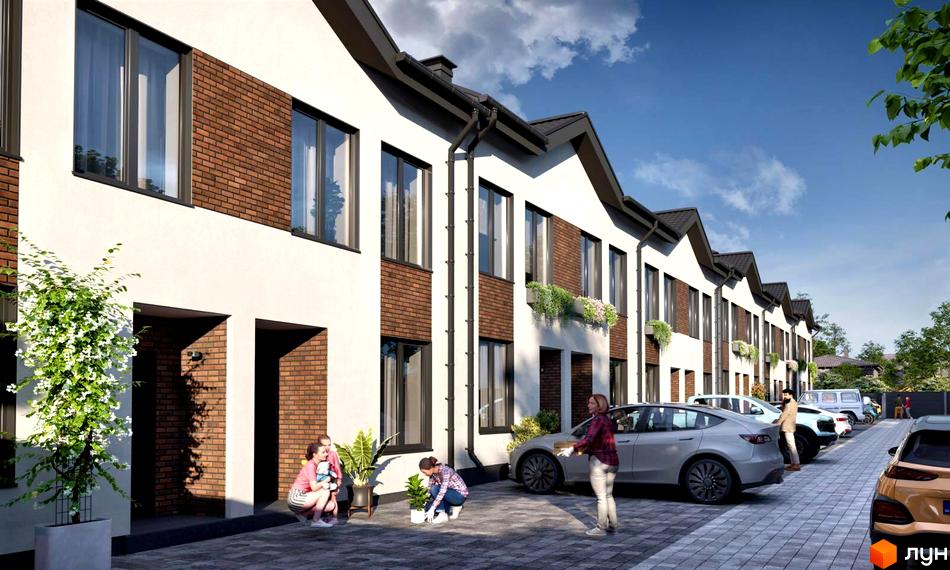 Ряд таунхаусів F9 з білими фасадами, цегляними вставками та темними дахами. На прибудинковій території розташовані паркувальні місця та рослини.