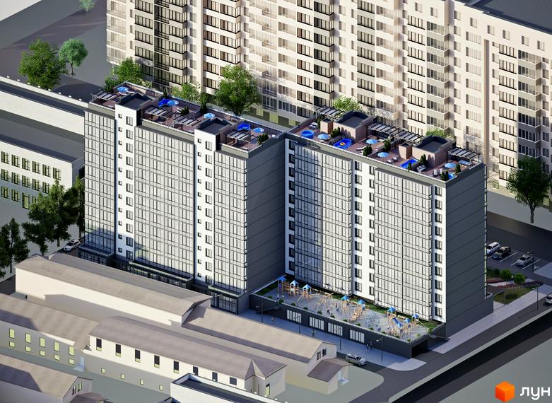 Житловий комплекс Your Home: дві багатоповерхові будівлі зі світлими фасадами, великими вікнами. На даху басейни, на території дитячий майданчик.