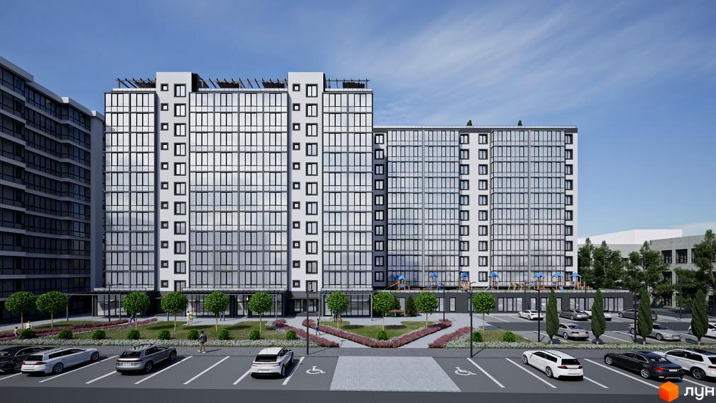 Житловий комплекс Your Home. Висотна будівля з великою кількістю вікон, біля якої розташована парковка та зелені насадження.