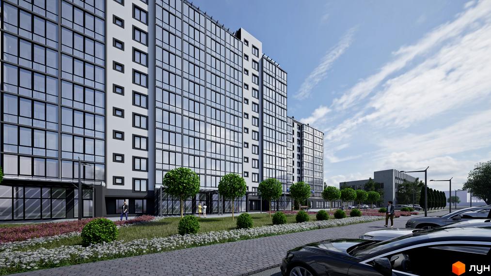Житловий комплекс Your Home: багатоповерховий будинок зі скляним фасадом та світлими стінами. Прибудинкова територія з зеленими насадженнями та пішохідною зоною.